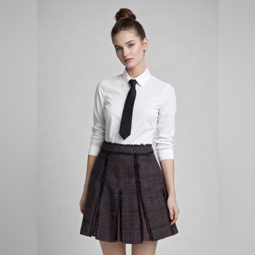 Tory Burch Tweed A-line Skirt with Chiffon Sheer Pleat Panels, size 6